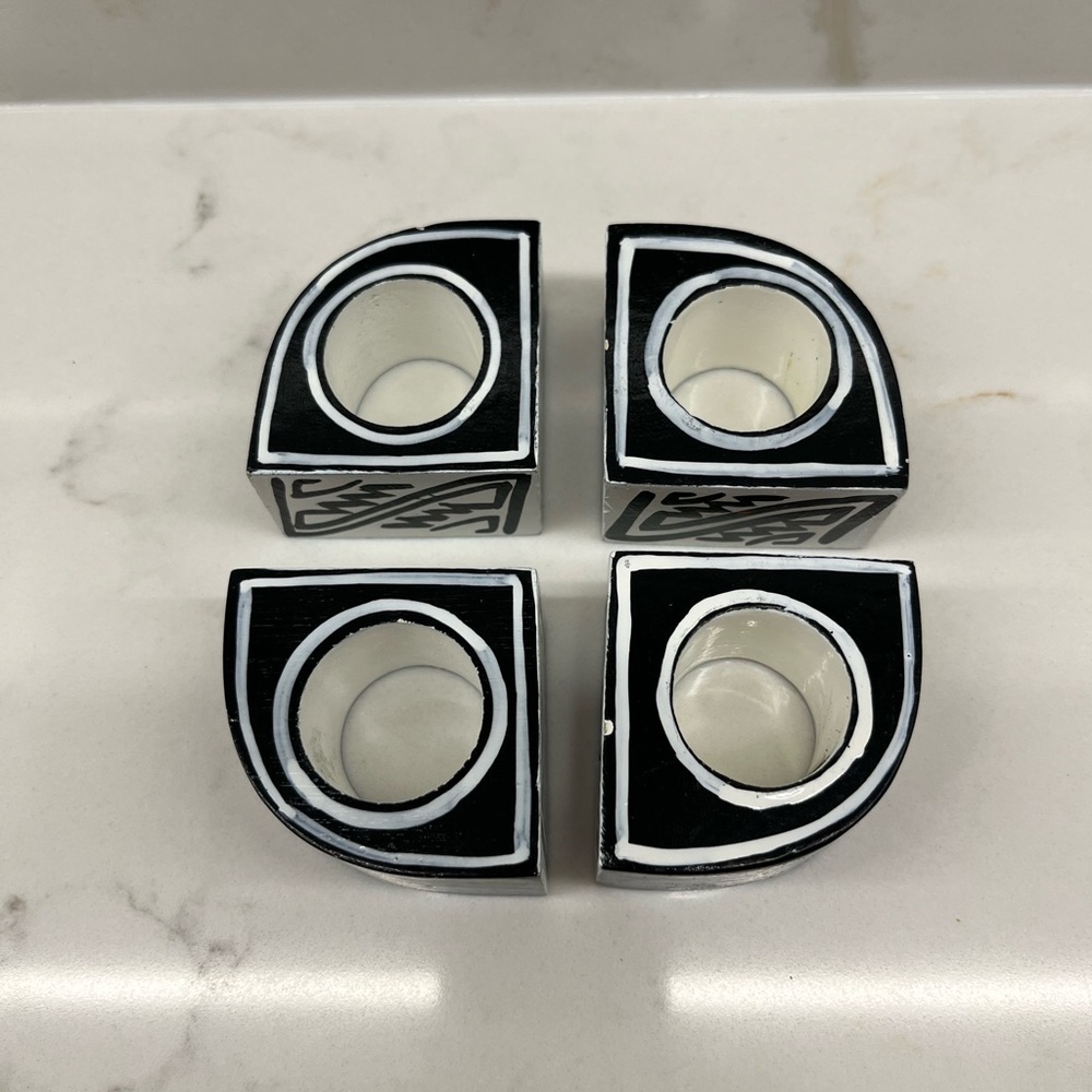 Vintage Set of 4 Wood Black and White Hand Painted Napkin Rings Philippines